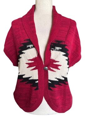 Chaps Red Shawl Collar Short-Sleeve Cardigan with Aztec Western Pattern